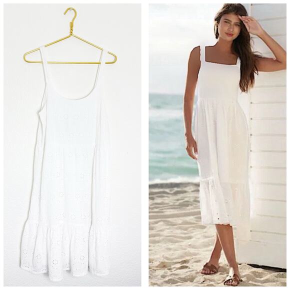 Lucky Brand White Eyelet Tiered Midi Dress Size Medium Boho Peasant Prairie - Picture 1 of 11